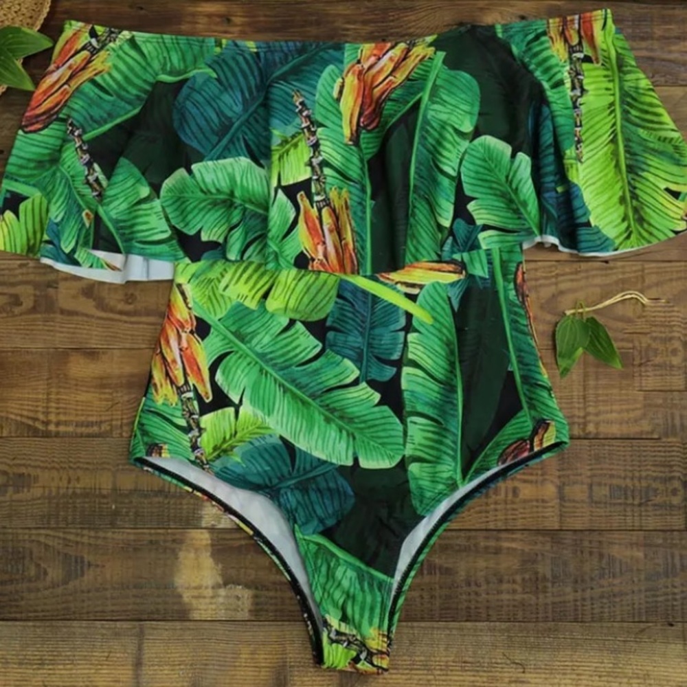 Off Shoulder Ruffle Banana Palm Leaf Swimsuit - Picture 2 of 5